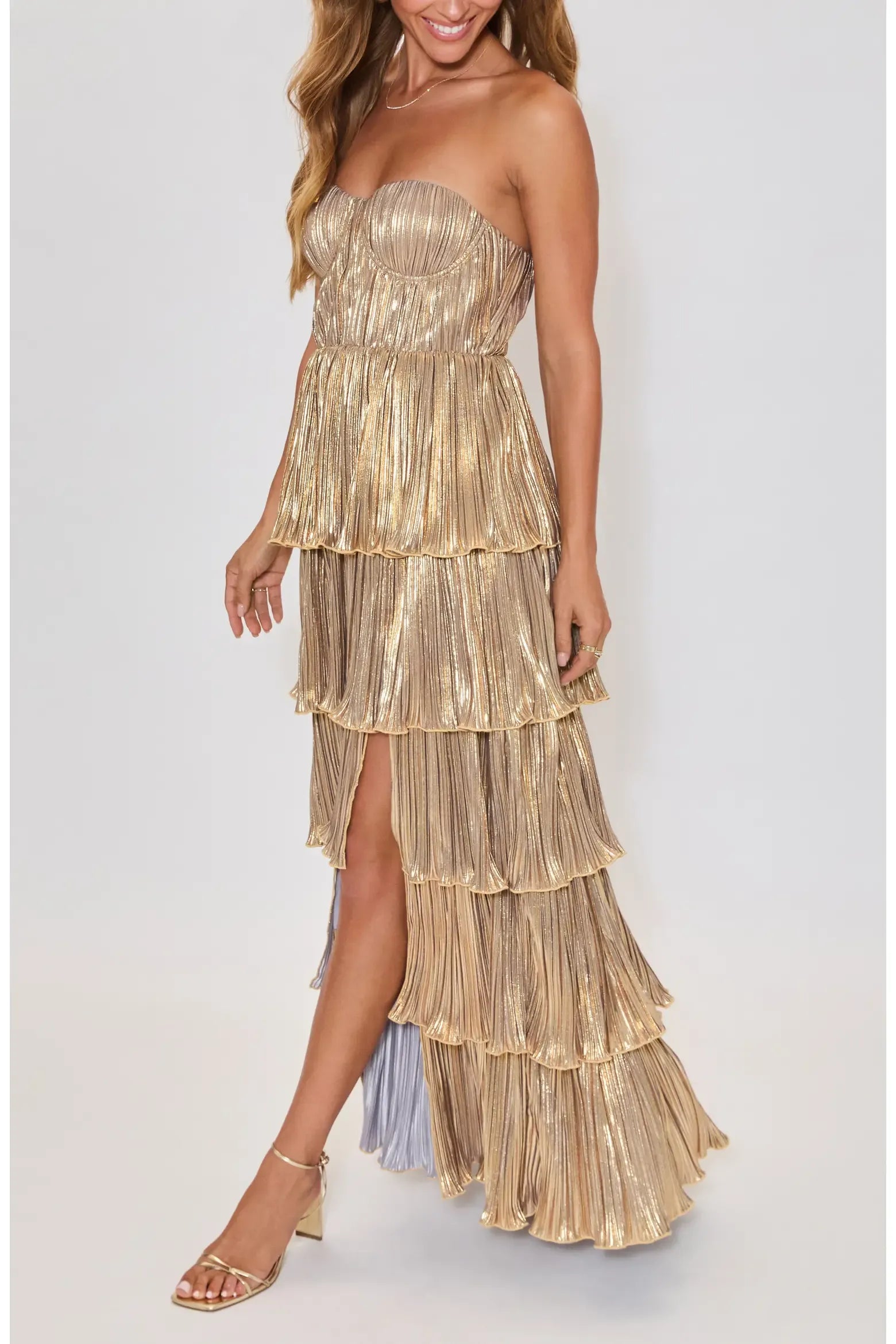 Voluminous Tiered Ruffle Strapless Bustier Metallic Pleated High Slit Floor-Length Maxi Evening Dress
