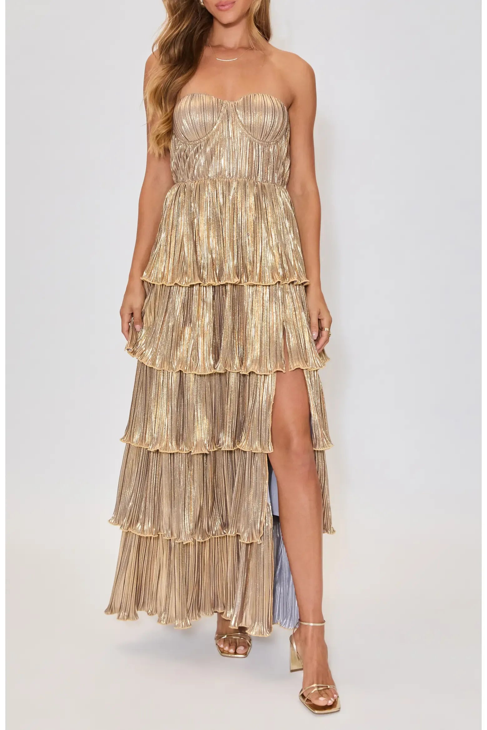 Voluminous Tiered Ruffle Strapless Bustier Metallic Pleated High Slit Floor-Length Maxi Evening Dress