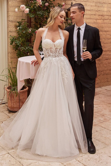 Lace A Line Halter Sweetheart Open Back Train Wedding Dress