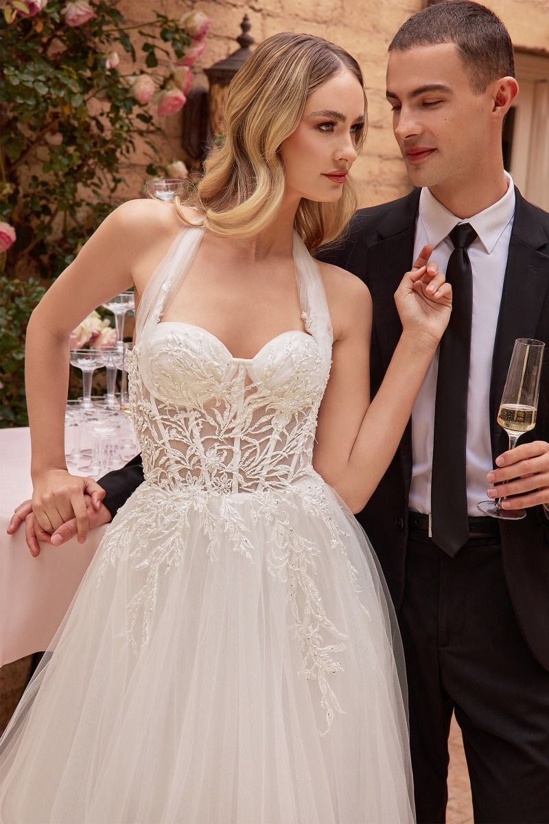 Lace A Line Halter Sweetheart Open Back Train Wedding Dress