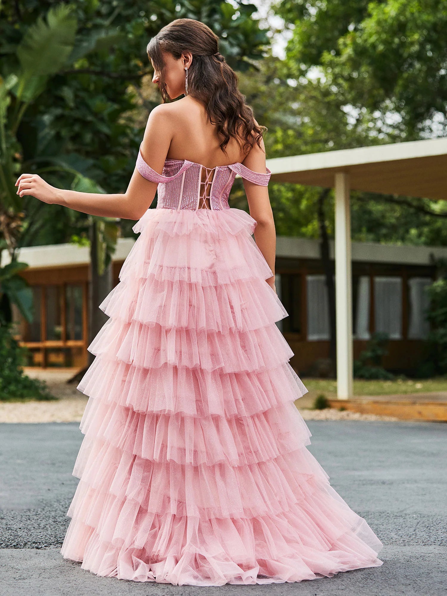 Whimsical A-Line Off-the-Shoulder Short Sleeve Tulle Ruffled Corset Slit Formal Prom Dress