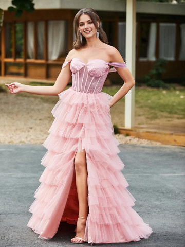 Whimsical A-Line Off-the-Shoulder Short Sleeve Tulle Ruffled Corset Slit Formal Prom Dress