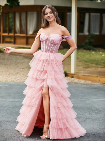 Whimsical A-Line Off-the-Shoulder Short Sleeve Tulle Ruffled Corset Slit Formal Prom Dress