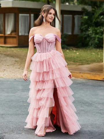 Whimsical A-Line Off-the-Shoulder Short Sleeve Tulle Ruffled Corset Slit Formal Prom Dress