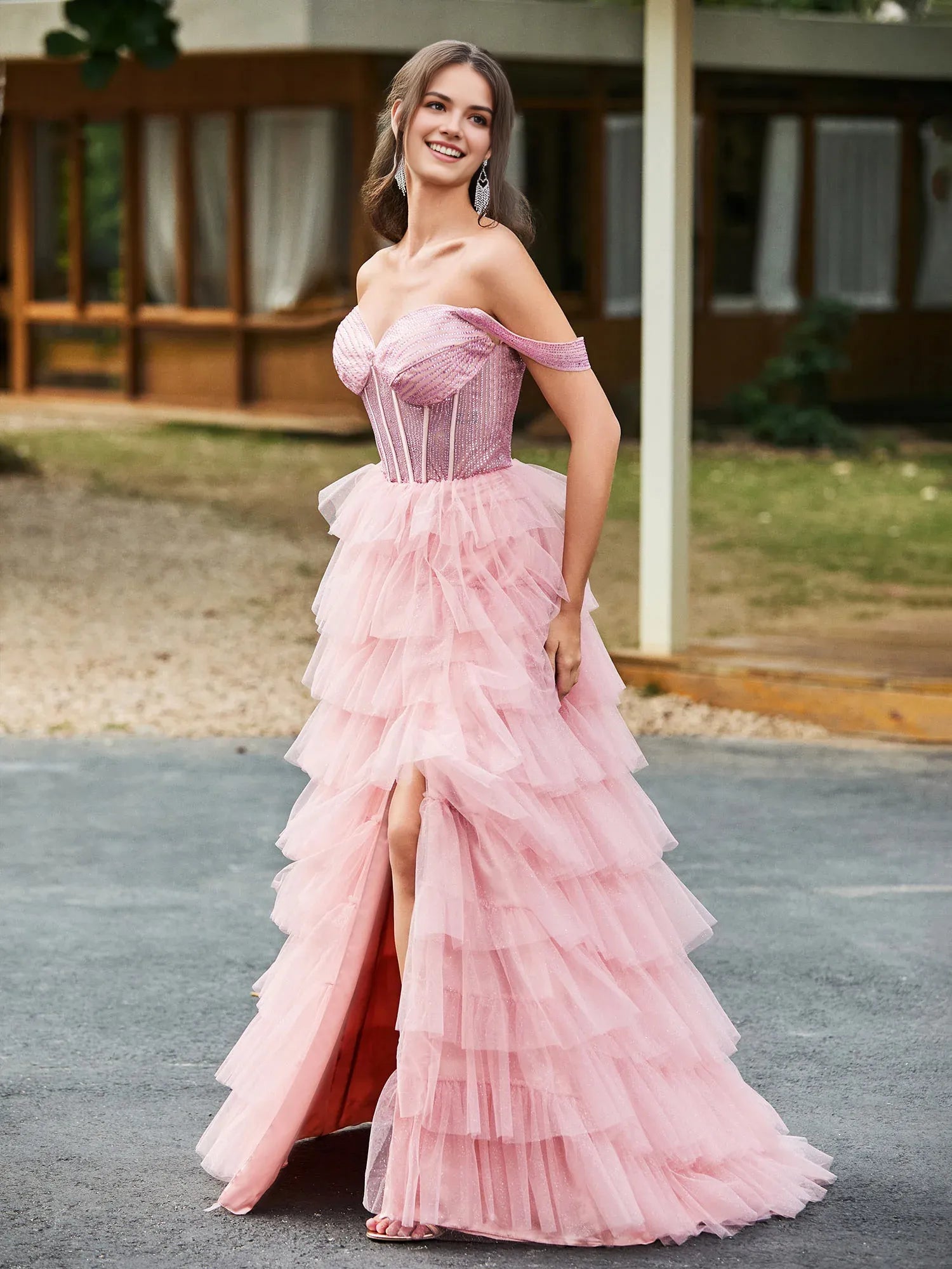 Whimsical A-Line Off-the-Shoulder Short Sleeve Tulle Ruffled Corset Slit Formal Prom Dress