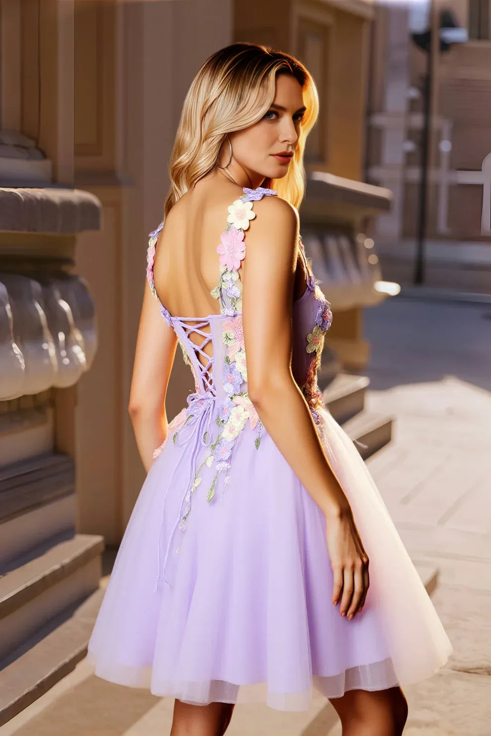 Whimsical A-Line Sweetheart Neck Tulle Short Floral Homecoming Dress