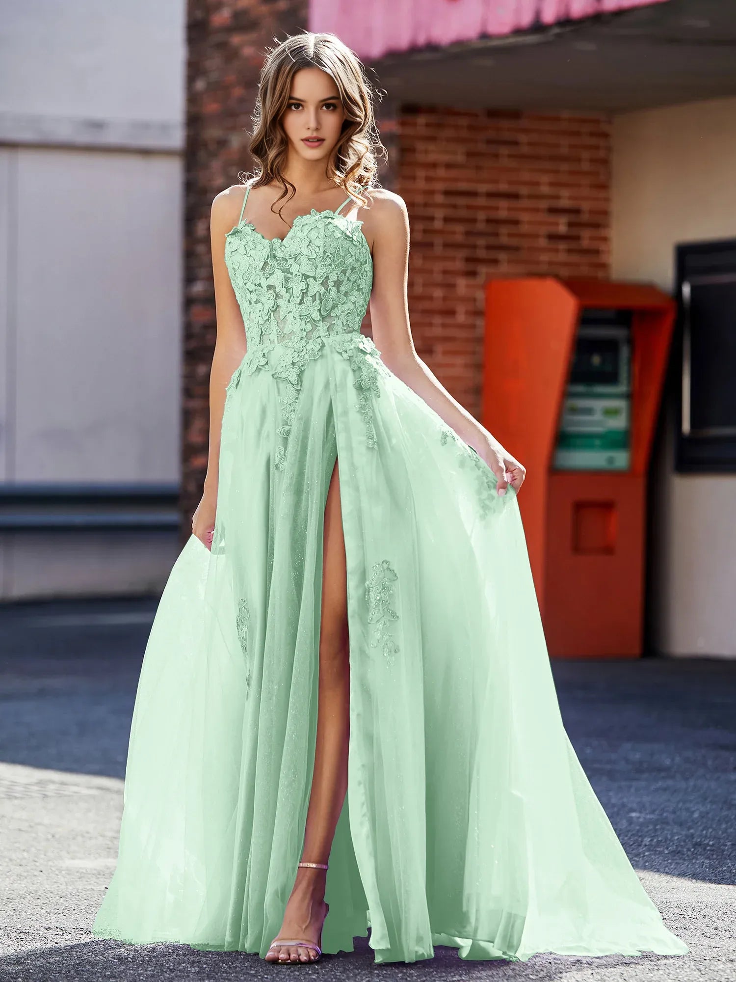 Whimsical A-Line Sweetheart Spaghetti Strap Tulle 3D Floral Slit Formal Prom Dress