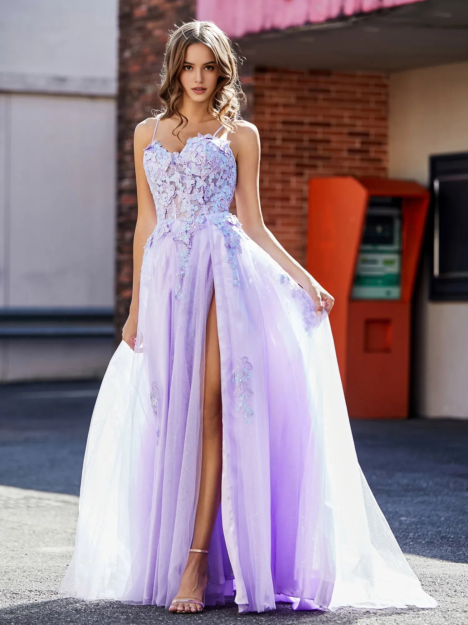 Whimsical A-Line Sweetheart Spaghetti Strap Tulle 3D Floral Slit Formal Prom Dress