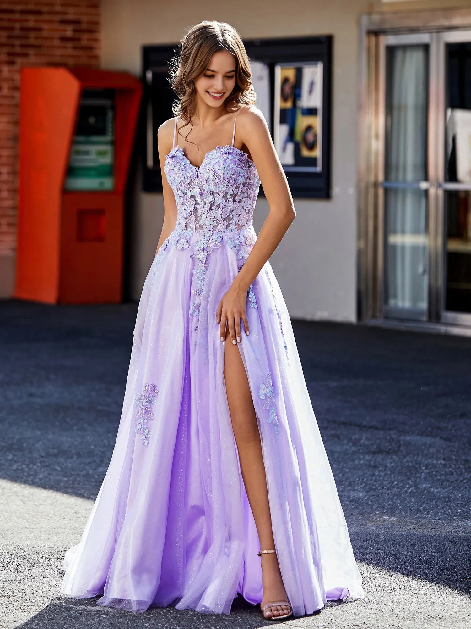 Whimsical A-Line Sweetheart Spaghetti Strap Tulle 3D Floral Slit Formal Prom Dress
