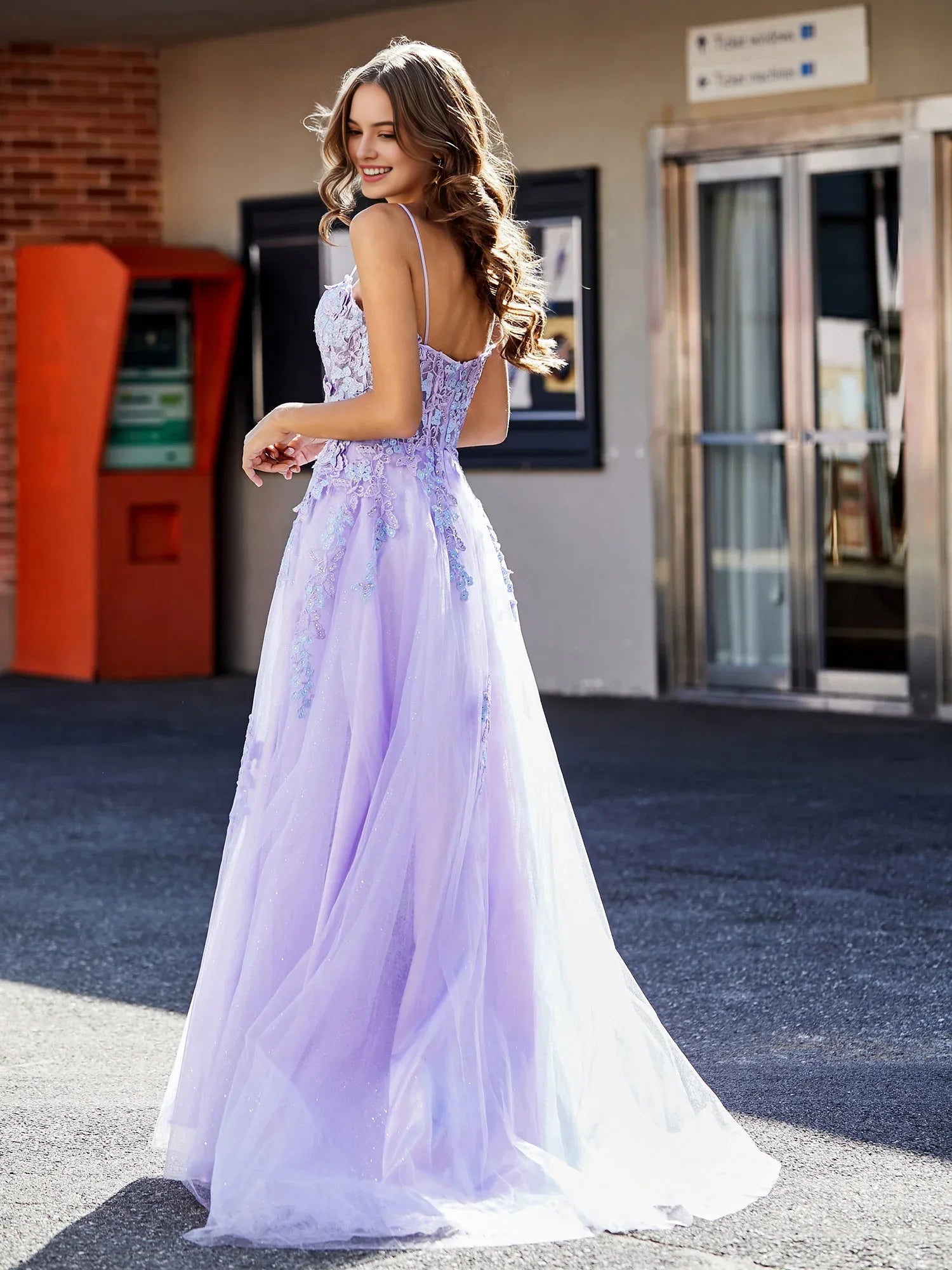 Whimsical A-Line Sweetheart Spaghetti Strap Tulle 3D Floral Slit Formal Prom Dress