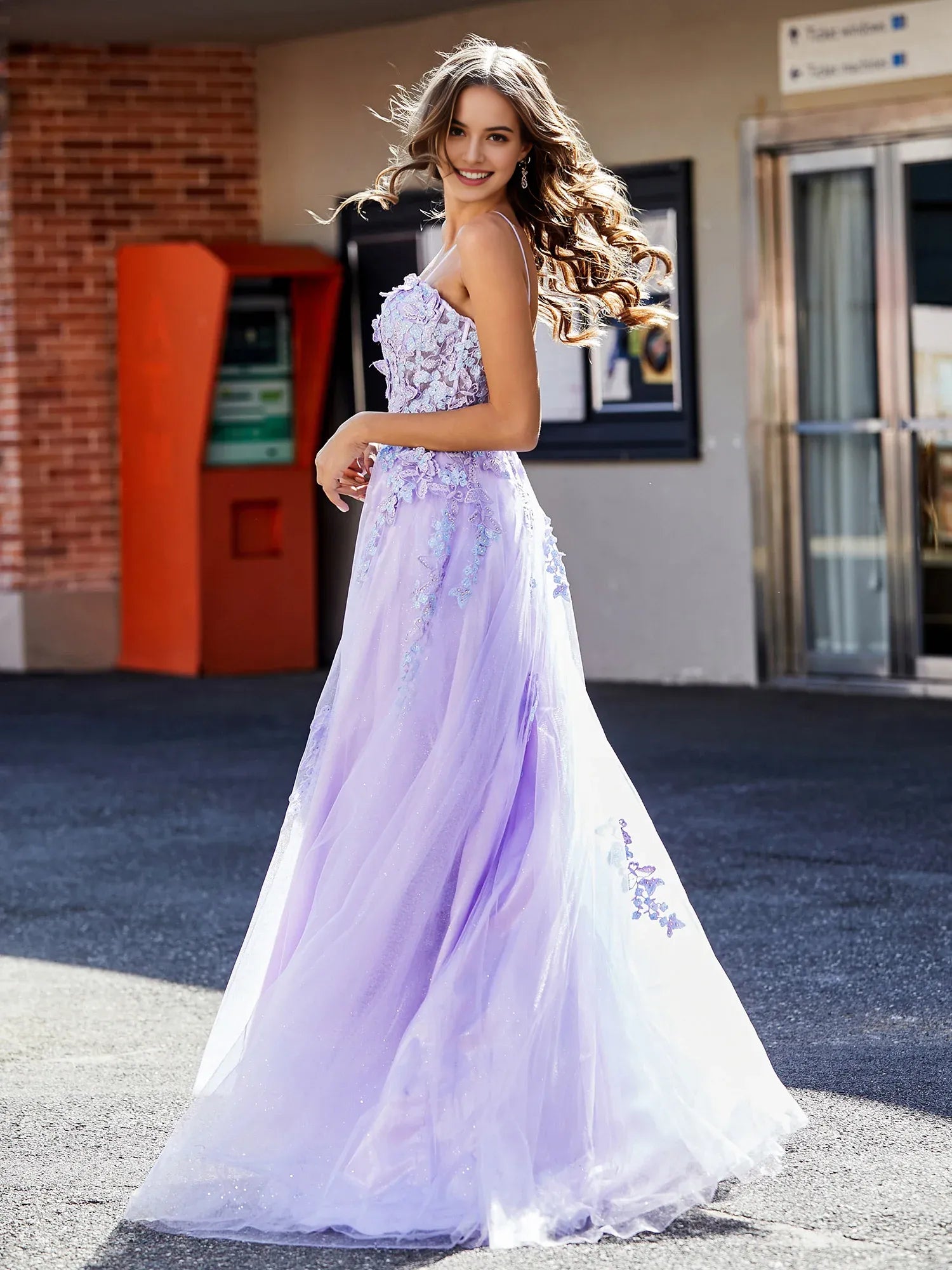 Whimsical A-Line Sweetheart Spaghetti Strap Tulle 3D Floral Slit Formal Prom Dress