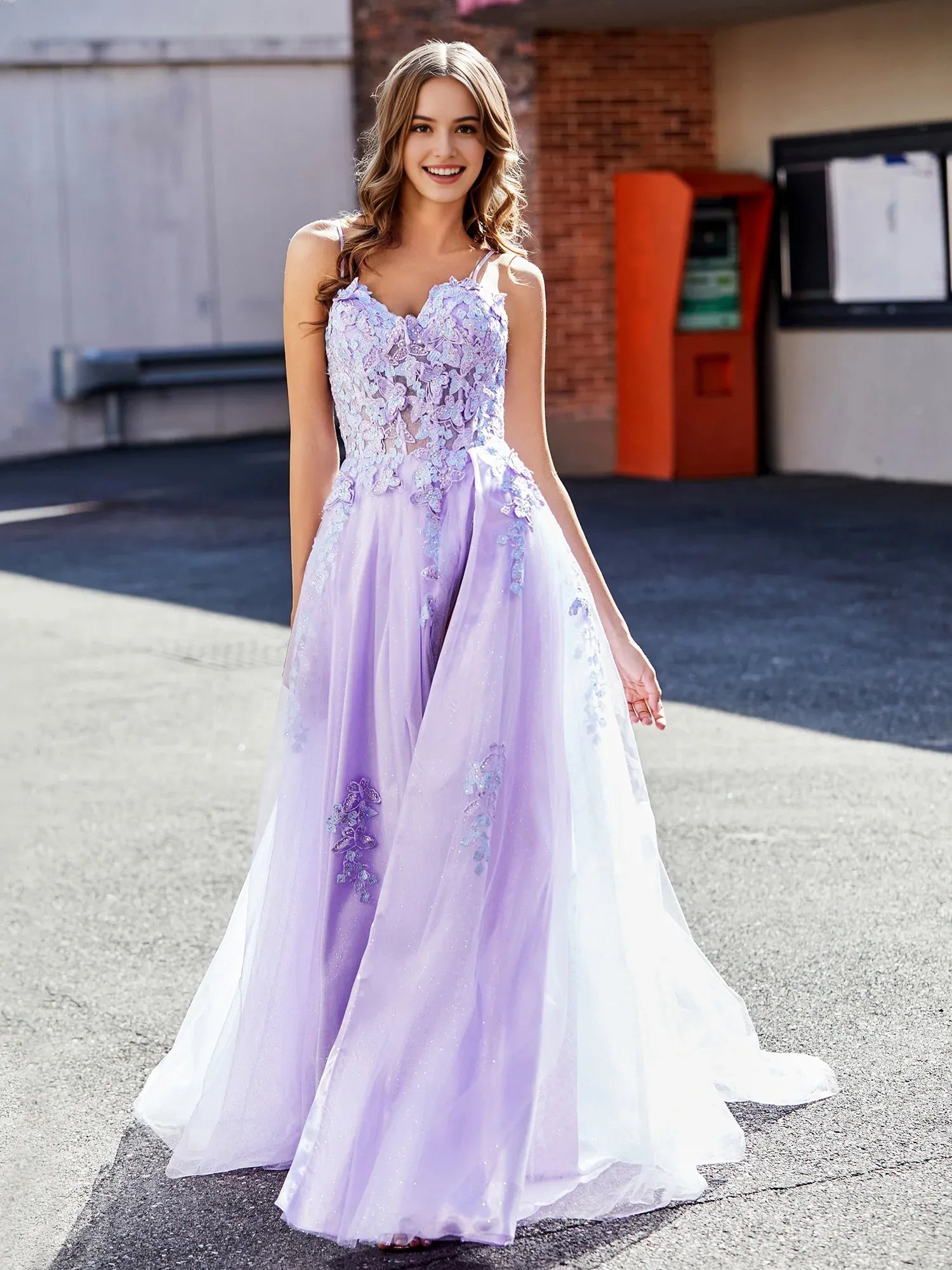 Whimsical A-Line Sweetheart Spaghetti Strap Tulle 3D Floral Slit Formal Prom Dress