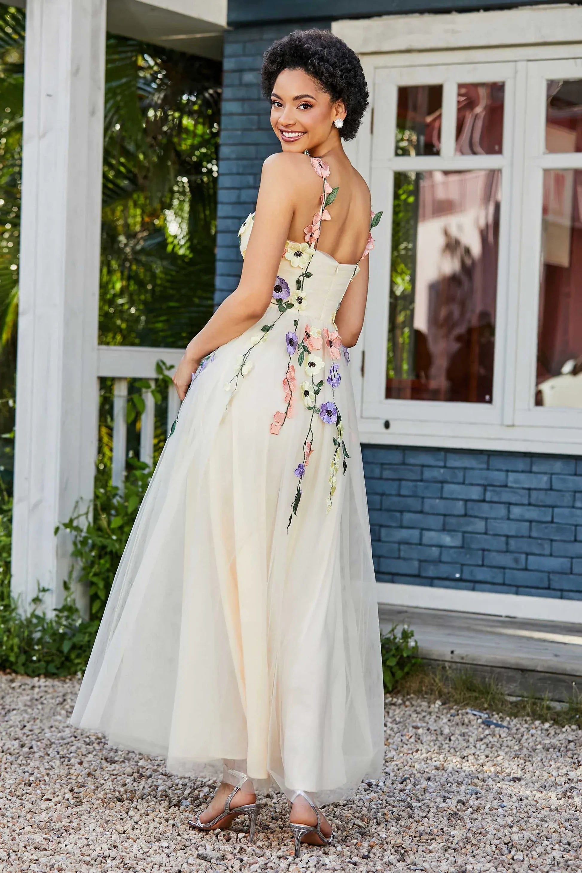 Whimsical A-Line Sweetheart Spaghetti Tulle Long Floral Prom Dress