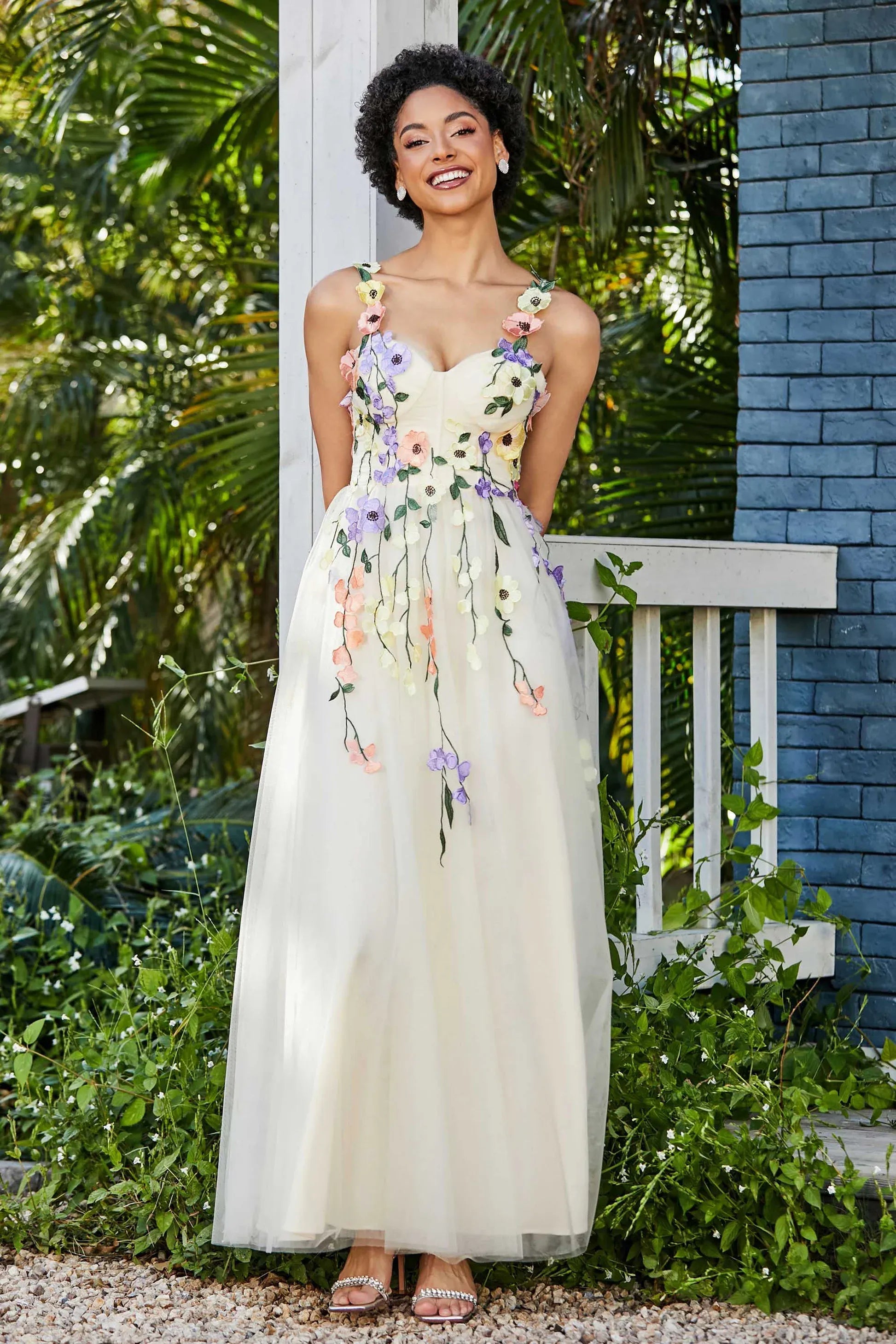 Whimsical A-Line Sweetheart Spaghetti Tulle Long Floral Prom Dress