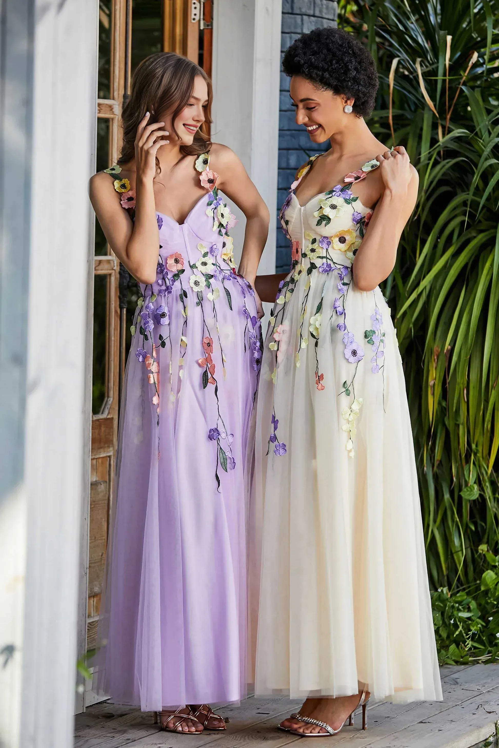 Whimsical A-Line Sweetheart Spaghetti Tulle Long Floral Prom Dress