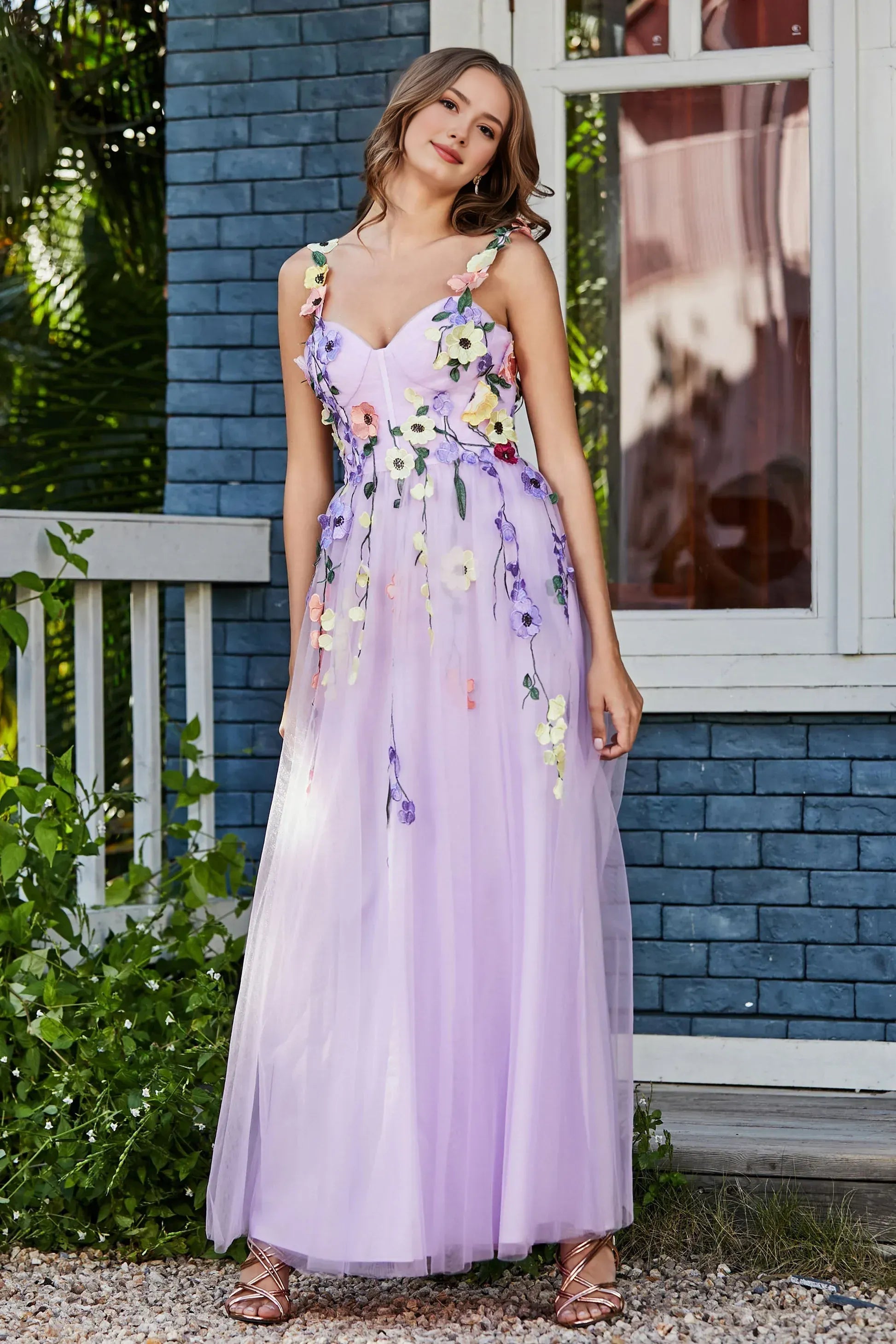 Whimsical A-Line Sweetheart Spaghetti Tulle Long Floral Prom Dress