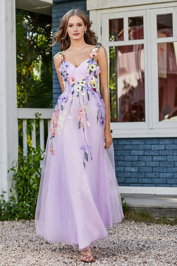 Whimsical A-Line Sweetheart Spaghetti Tulle Long Floral Prom Dress