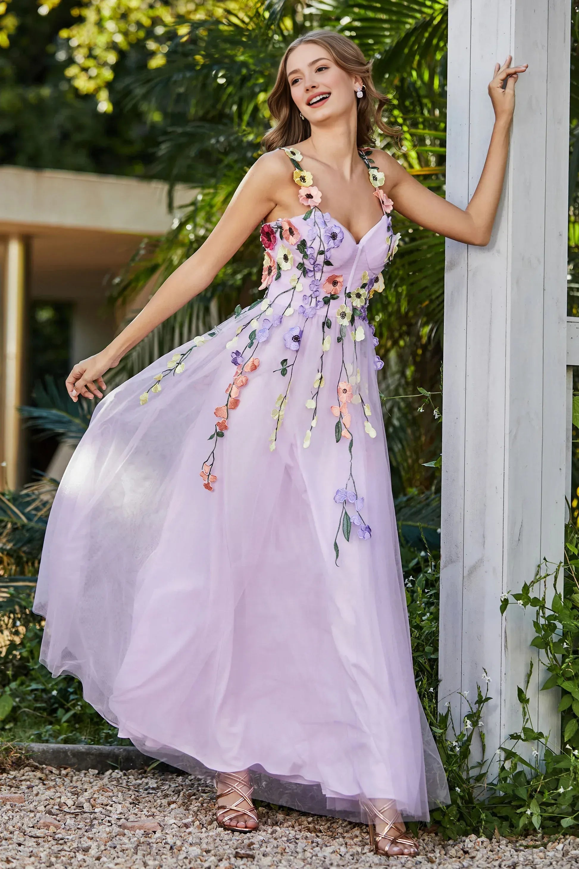 Whimsical A-Line Sweetheart Spaghetti Tulle Long Floral Prom Dress