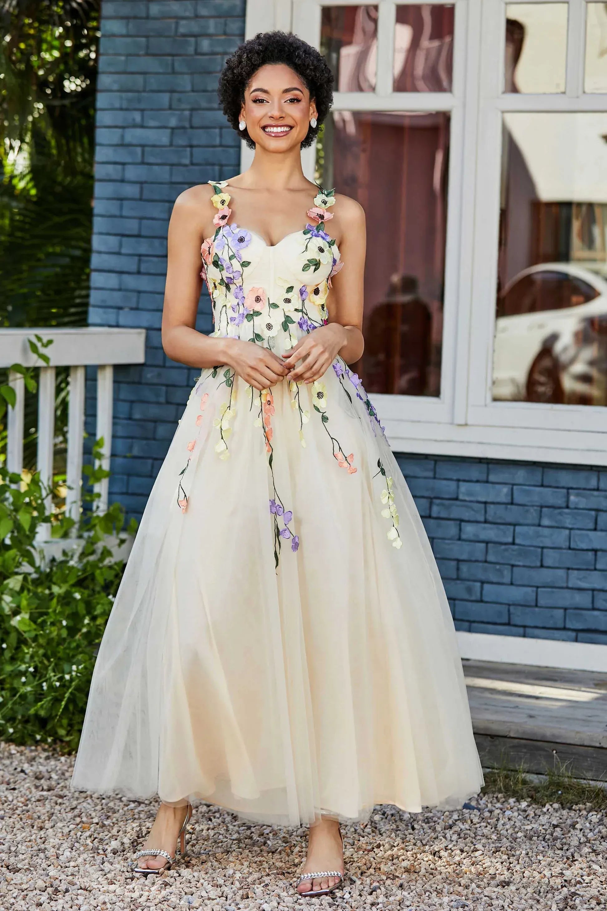 Whimsical A-Line Sweetheart Spaghetti Tulle Long Floral Prom Dress