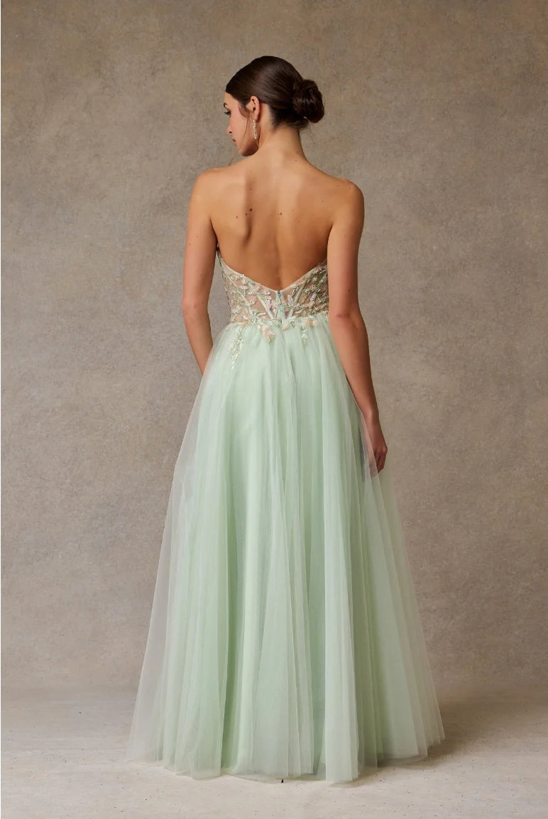 Whimsical A-Line Sweetheart Strapless Tulle Long Floral Slit Prom Dress