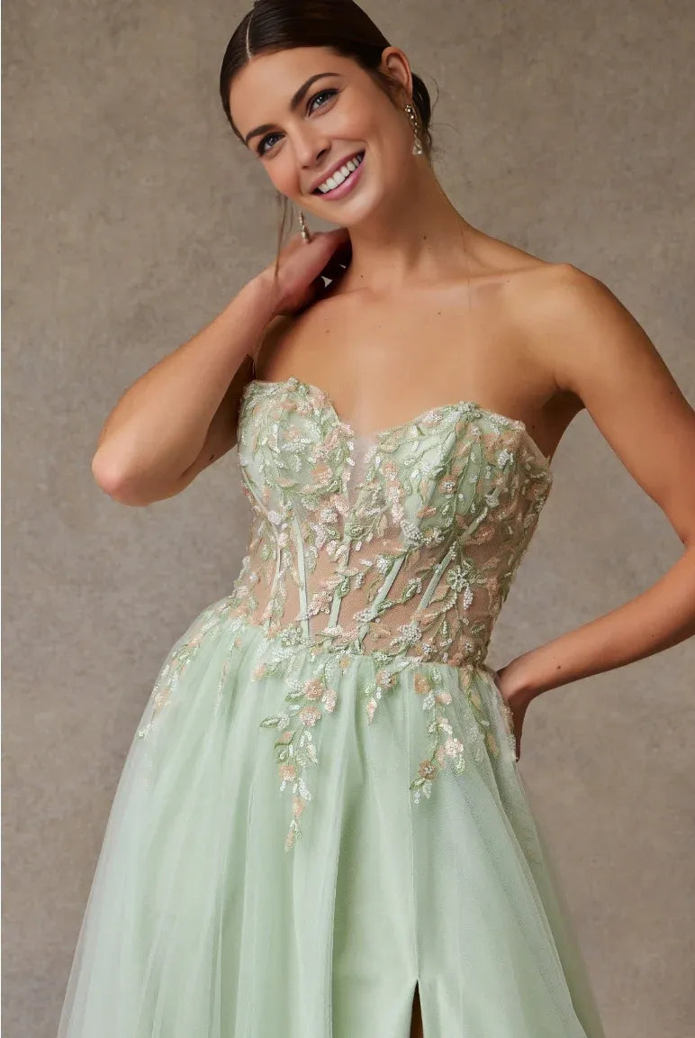 Whimsical A-Line Sweetheart Strapless Tulle Long Floral Slit Prom Dress