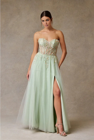 Whimsical A-Line Sweetheart Strapless Tulle Long Floral Slit Prom Dress