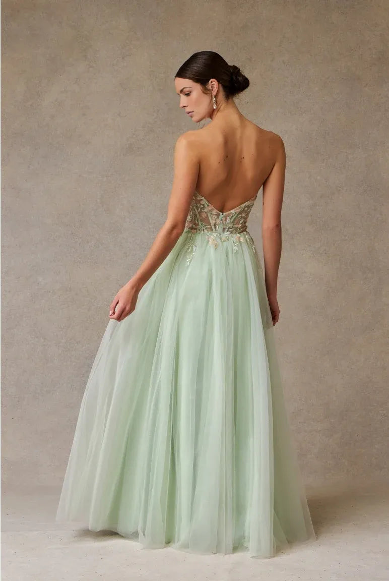 Whimsical A-Line Sweetheart Strapless Tulle Long Floral Slit Prom Dress