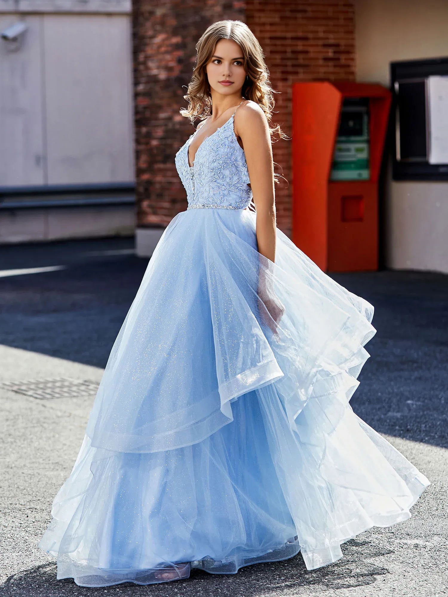 Whimsical A-Line V-Neck Spaghetti Strap Tulle Lace Tiered Formal Prom Dress