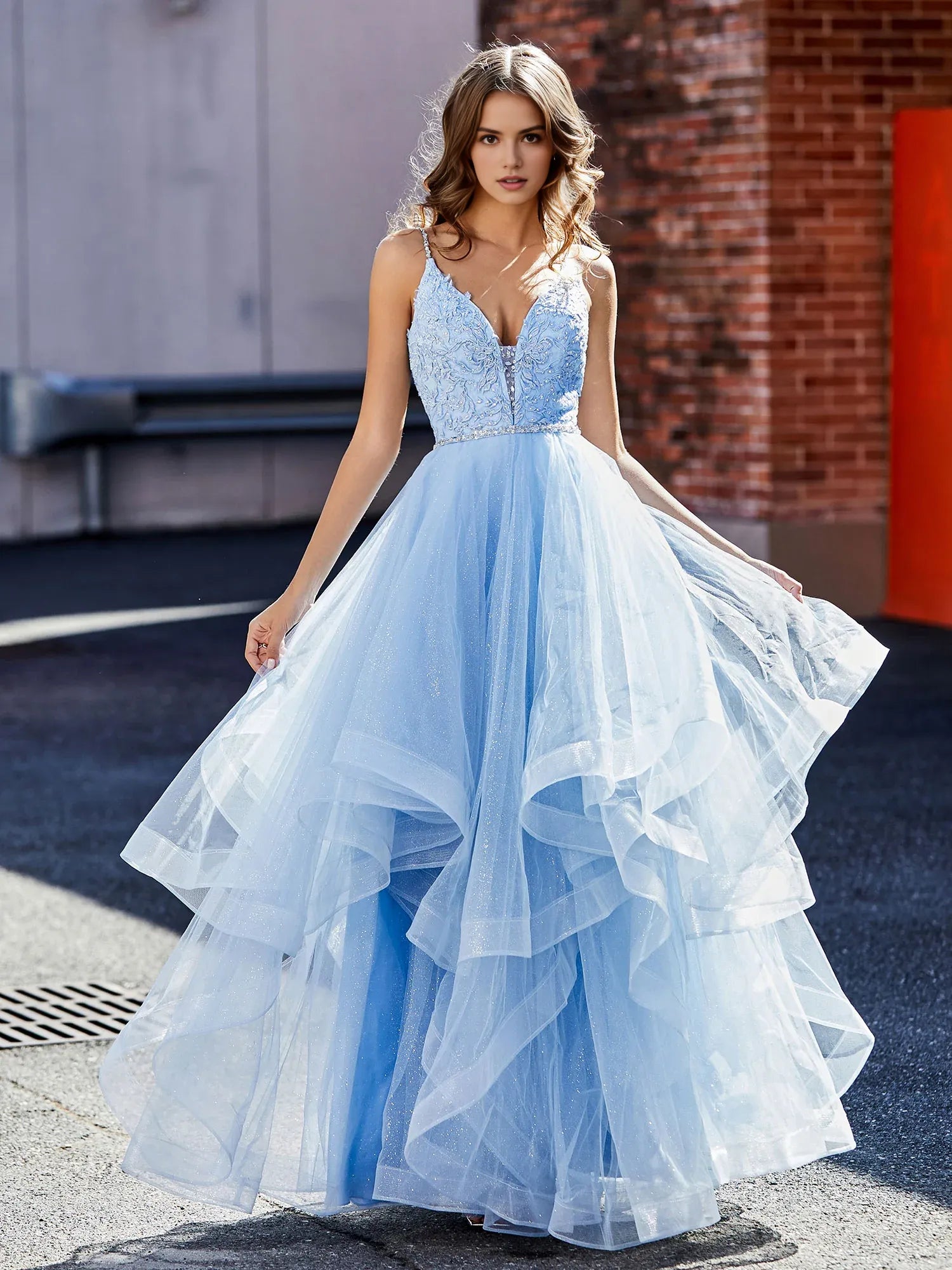 Whimsical A-Line V-Neck Spaghetti Strap Tulle Lace Tiered Formal Prom Dress