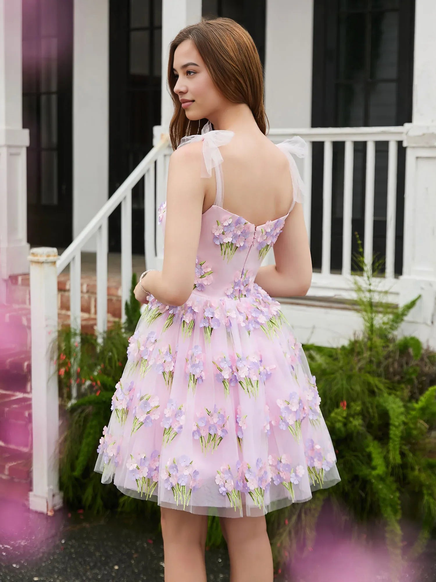 Whimsical A-line Square Tie-Shoulder 3D-Floral Tulle Mini Bow-Strap Homecoming Dress