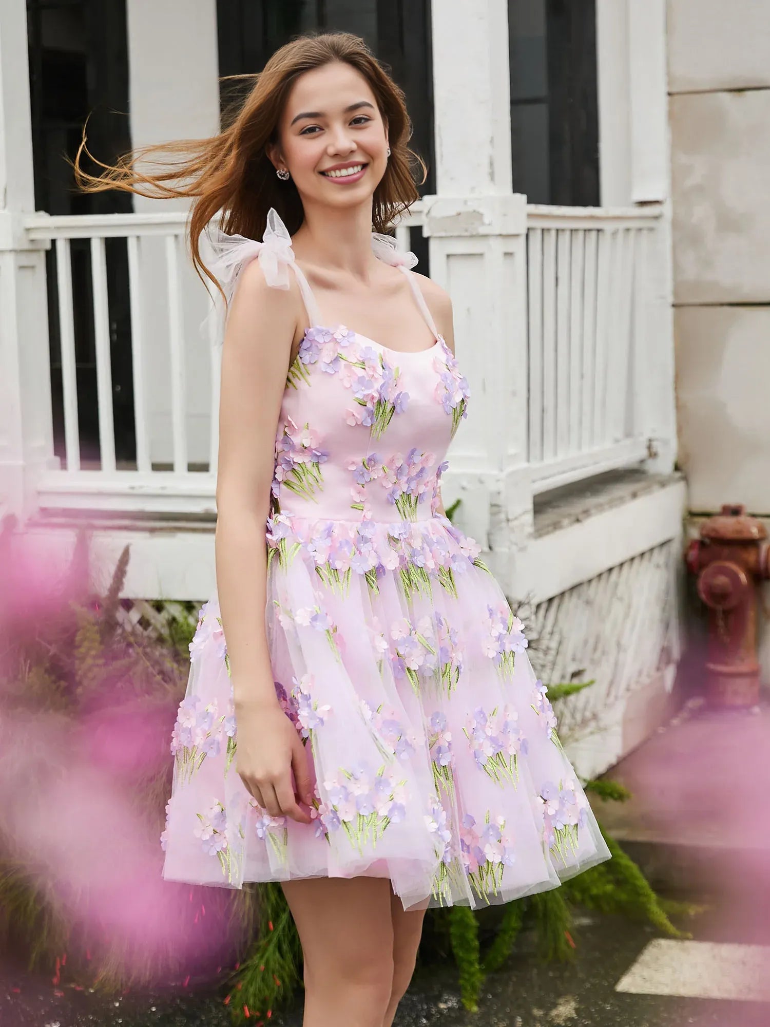 Whimsical A-line Square Tie-Shoulder 3D-Floral Tulle Mini Bow-Strap Homecoming Dress