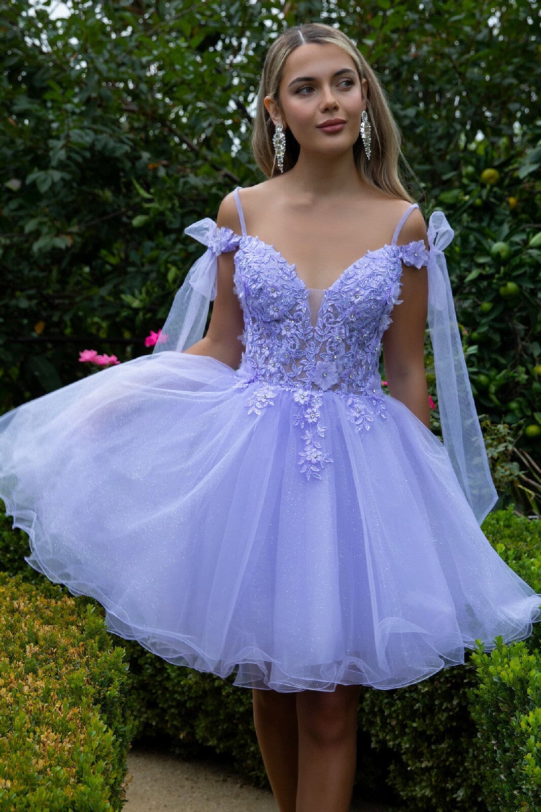 Whimsical A-line V-neck Off-the-shoulder Glitter Tulle Short Floral Lace-up Back Homecoming Dress