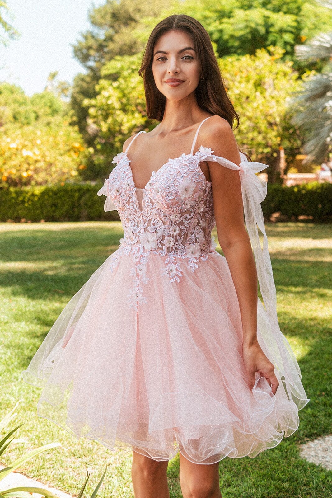 Whimsical A-line V-neck Off-the-shoulder Glitter Tulle Short Floral Lace-up Back Homecoming Dress