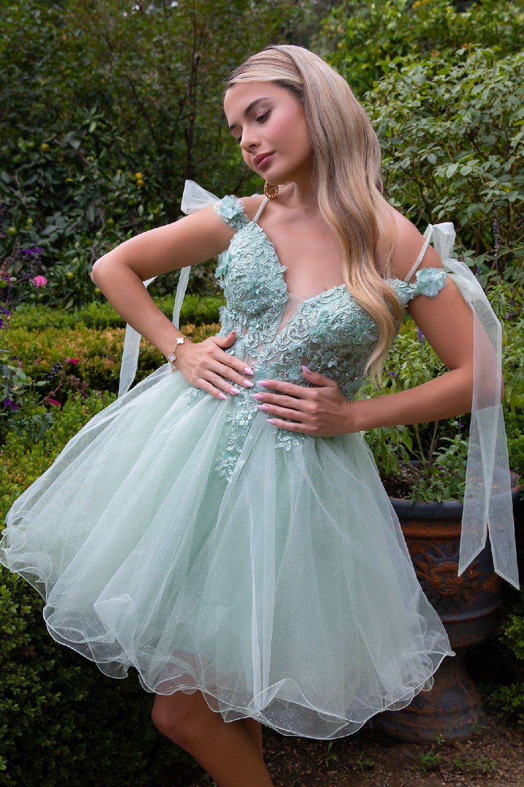 Whimsical A-line V-neck Off-the-shoulder Glitter Tulle Short Floral Lace-up Back Homecoming Dress