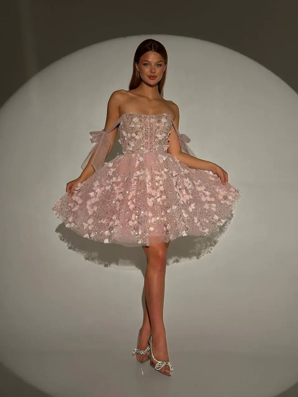Whimsical ALine StraightNeck OffShoulder Tulle Floral Short Homecoming Dress
