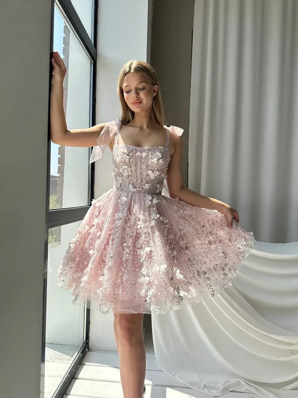Whimsical ALine StraightNeck OffShoulder Tulle Floral Short Homecoming Dress