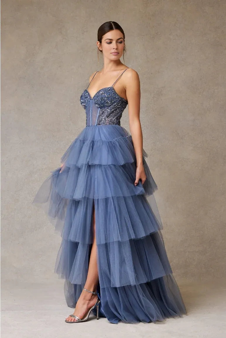 Whimsical Ballgown Sweetheart Spaghetti Strap Tulle Long Tiered Slit Prom Dress