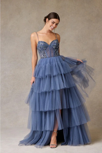 Whimsical Ballgown Sweetheart Spaghetti Strap Tulle Long Tiered Slit Prom Dress