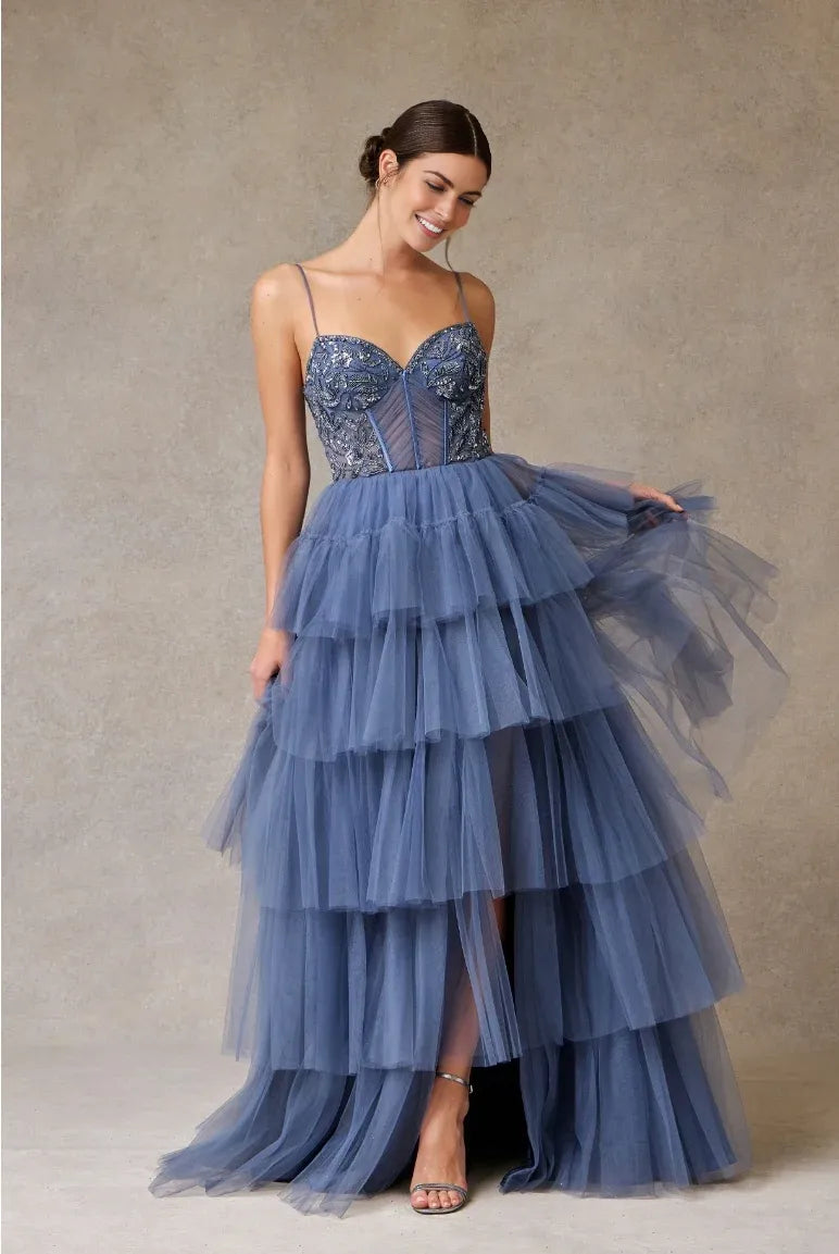 Whimsical Ballgown Sweetheart Spaghetti Strap Tulle Long Tiered Slit Prom Dress