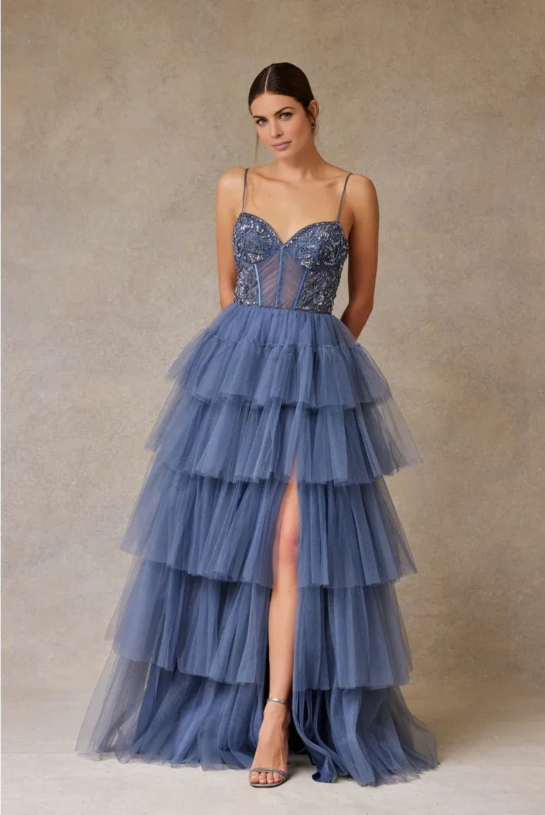 Whimsical Ballgown Sweetheart Spaghetti Strap Tulle Long Tiered Slit Prom Dress
