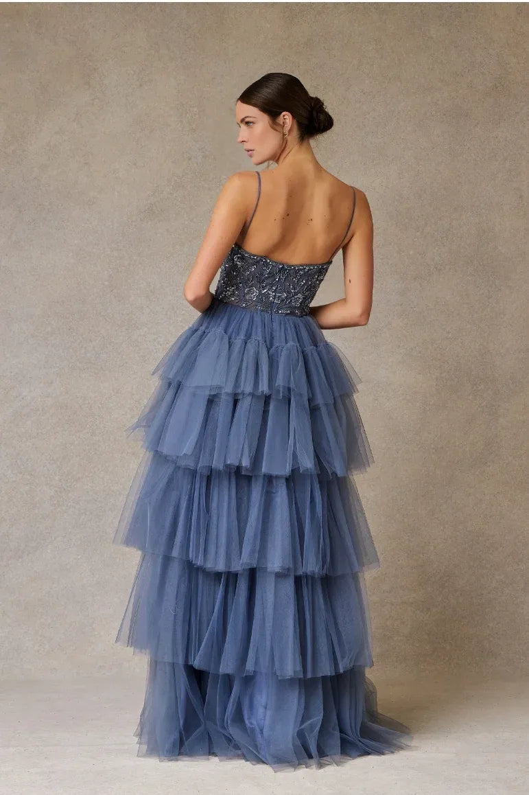 Whimsical Ballgown Sweetheart Spaghetti Strap Tulle Long Tiered Slit Prom Dress