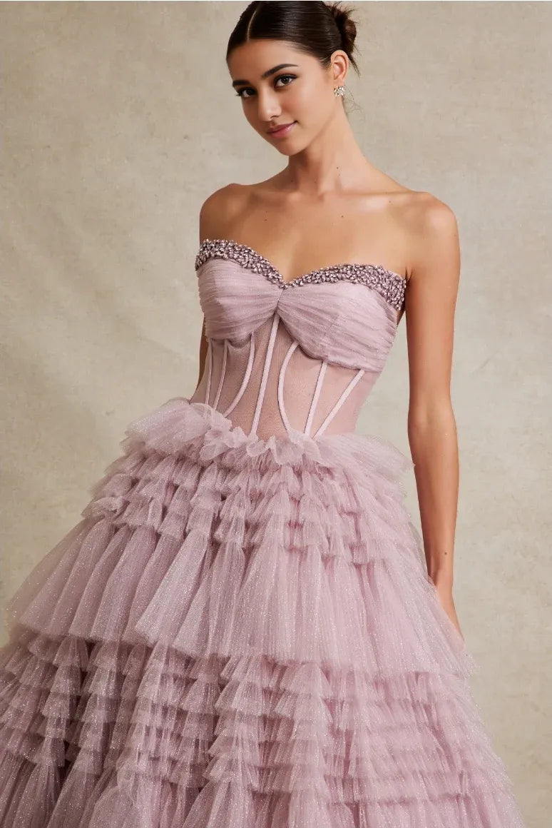 Whimsical Ballgown Sweetheart Strapless Tulle Long Tiered Prom Dress
