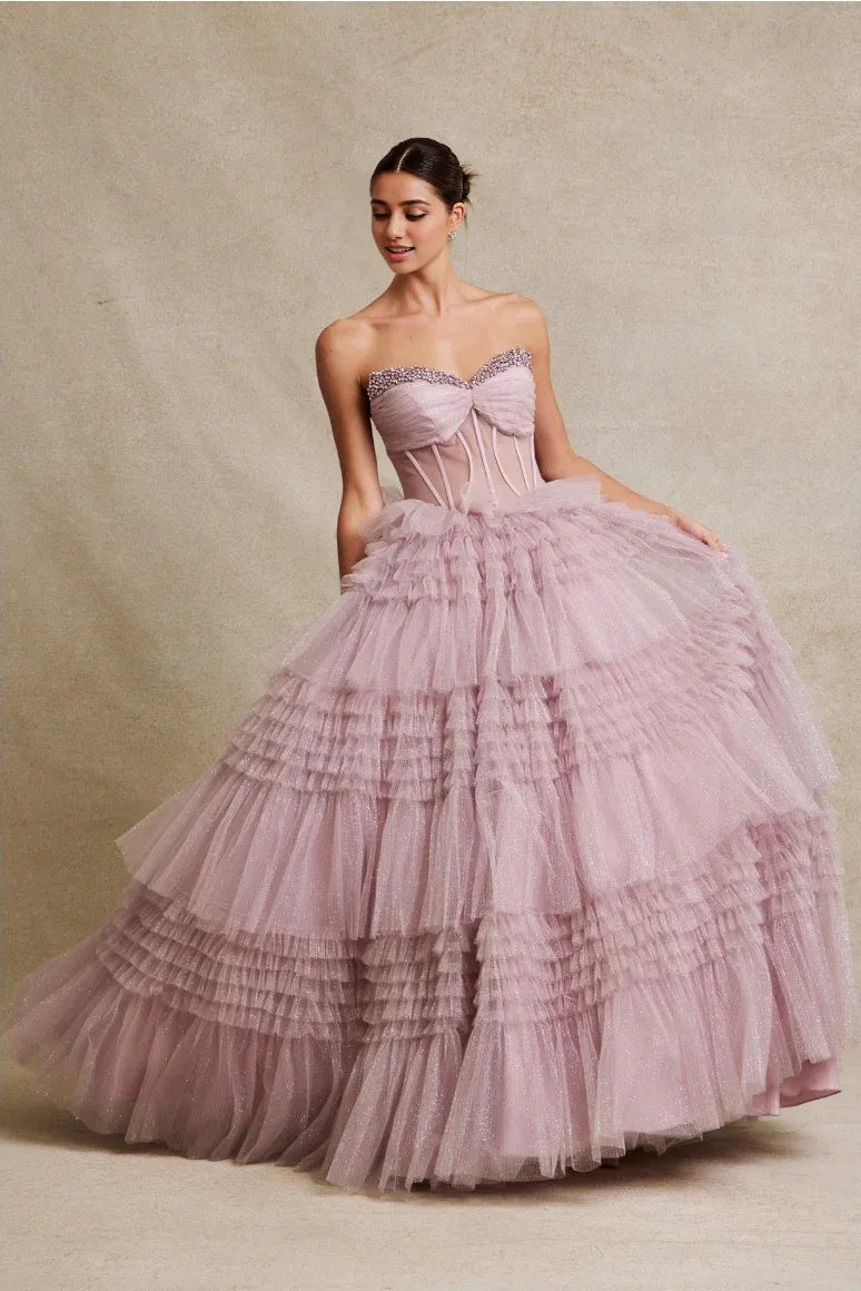 Whimsical Ballgown Sweetheart Strapless Tulle Long Tiered Prom Dress