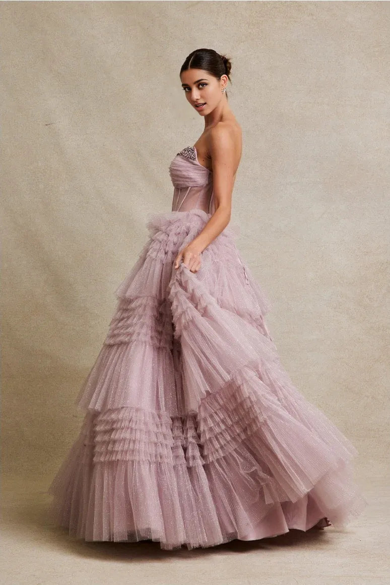Whimsical Ballgown Sweetheart Strapless Tulle Long Tiered Prom Dress