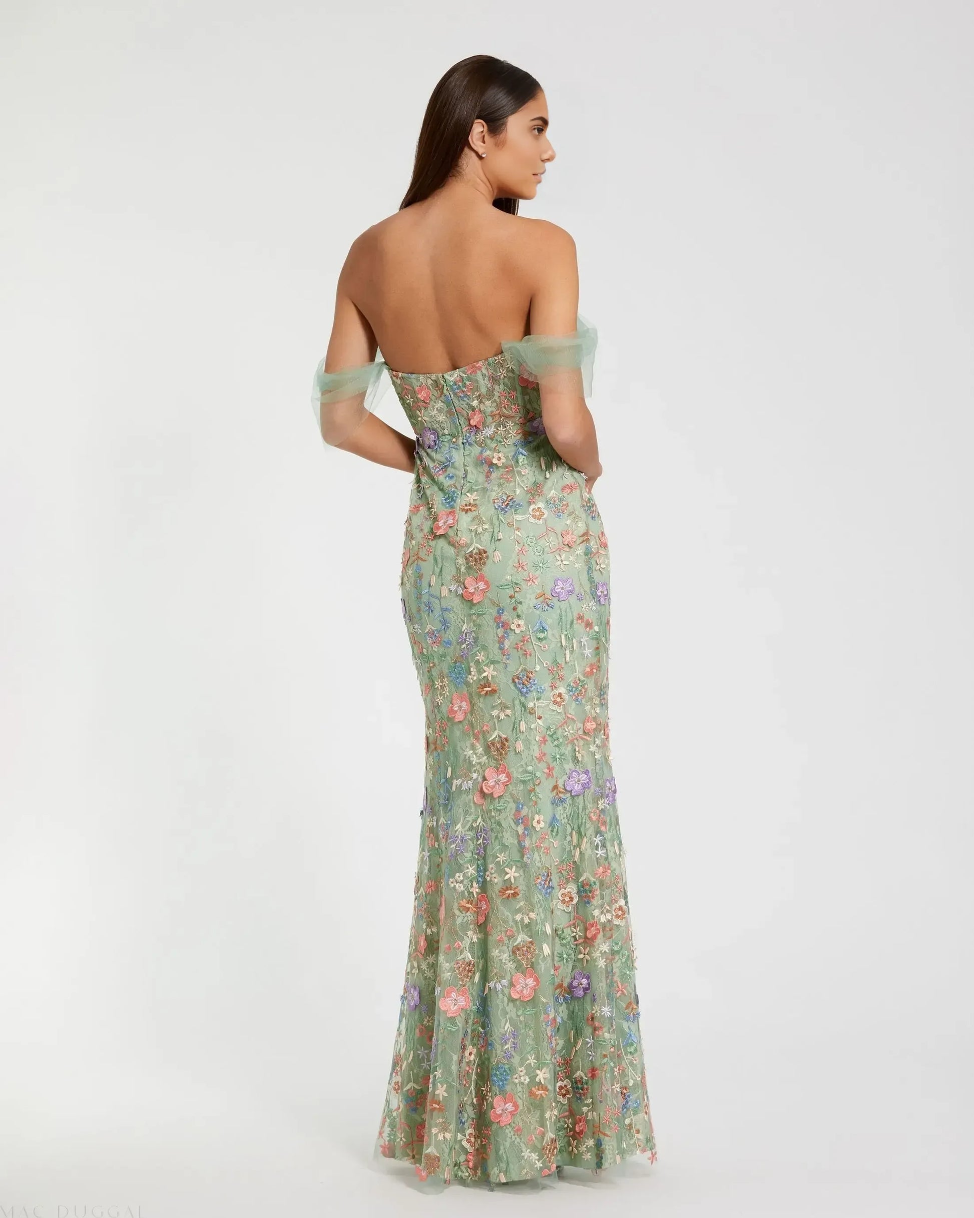 Whimsical Mermaid Off-The-Shoulder Short Tulle Long Floral Evening Dress