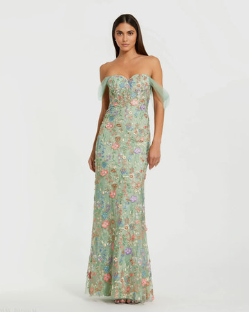 Whimsical Mermaid Off-The-Shoulder Short Tulle Long Floral Evening Dress
