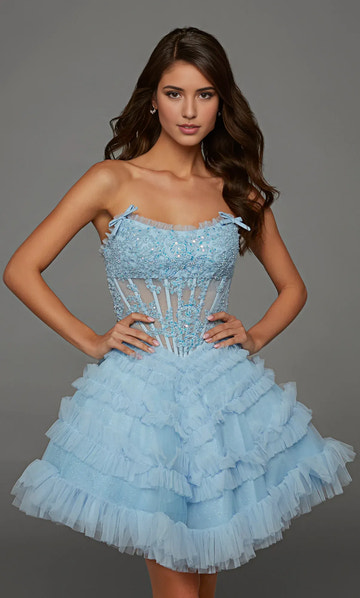 Whimsical Glitte A Line Strapless Sleeveless Tulle Beaded Corset Bow Mini Homecoming Dress