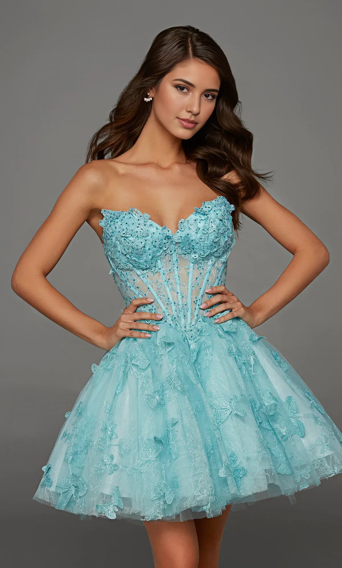 Whimsical A Line Strapless Sleeveless Tulle Butterfly Applique Lace Corset Mini Homecoming Dress