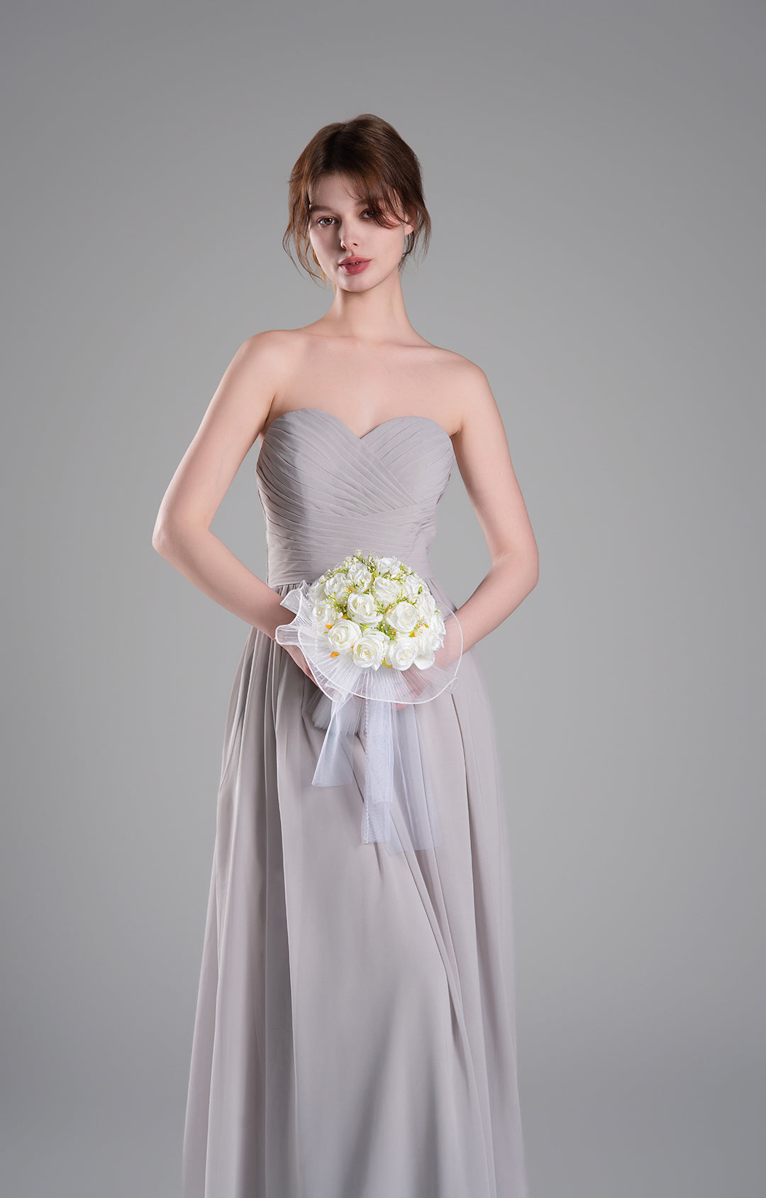 Elegante vestido de dama de honor de chifón sin tirantes, largo, corte A, fluido, para noche formal o fiesta de graduación