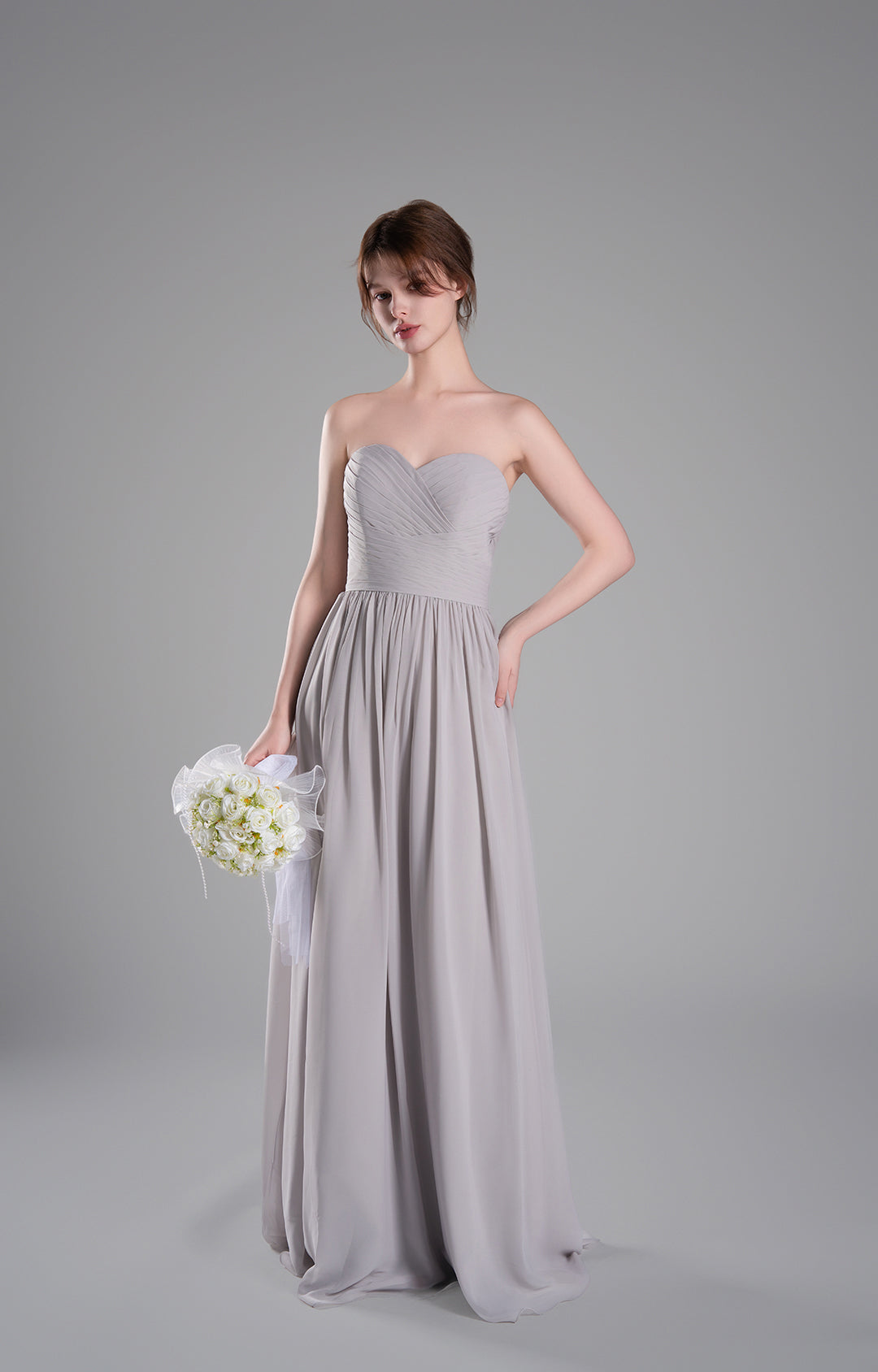 Elegante vestido de dama de honor de chifón sin tirantes, largo, corte A, fluido, para noche formal o fiesta de graduación